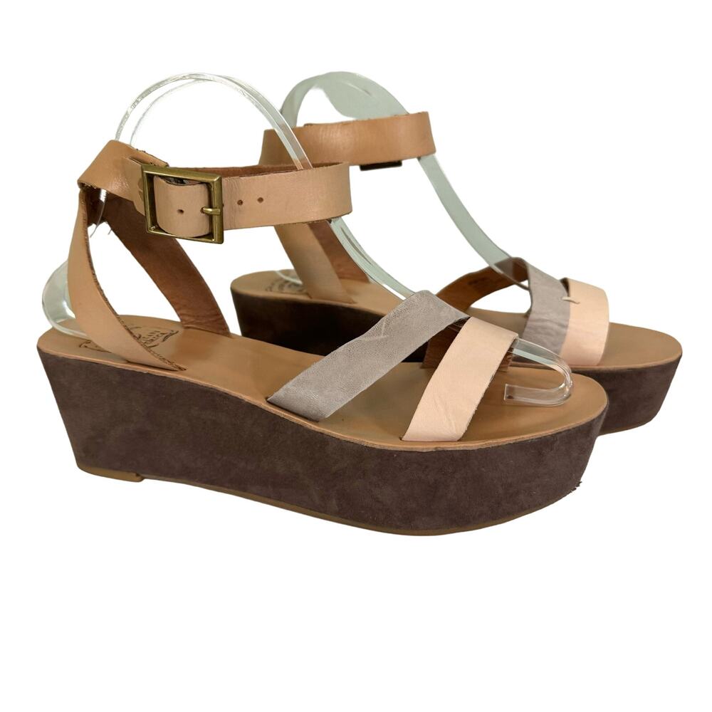 Lucky Brand Wedge 8.5 Casual Leather Ankle Strappy Platform Garnet Sandals Brown
